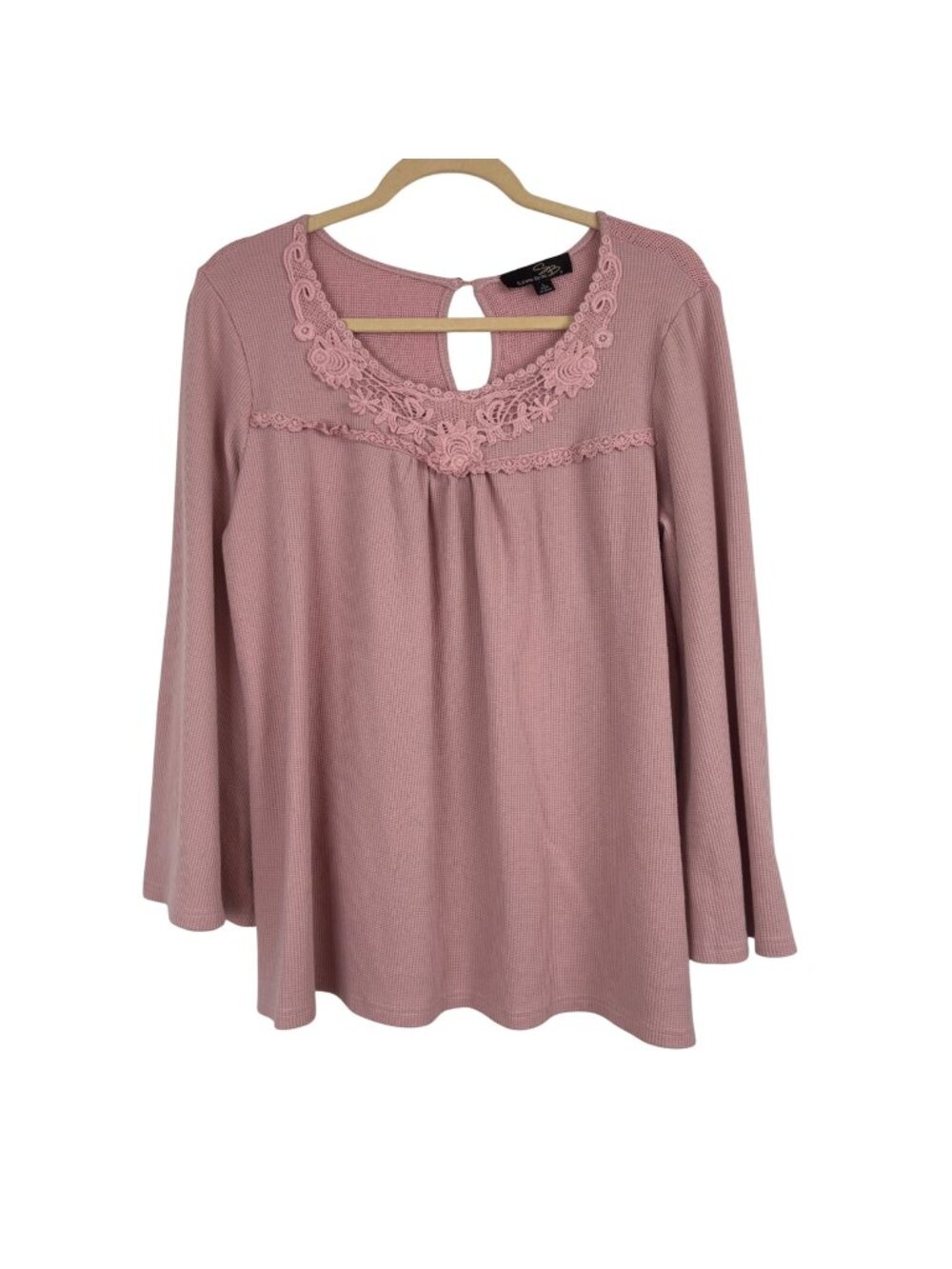 ✨3/$30 Suzanne Betro Pink Crochet Trim Keyhole Bell Sleeve Top Size L